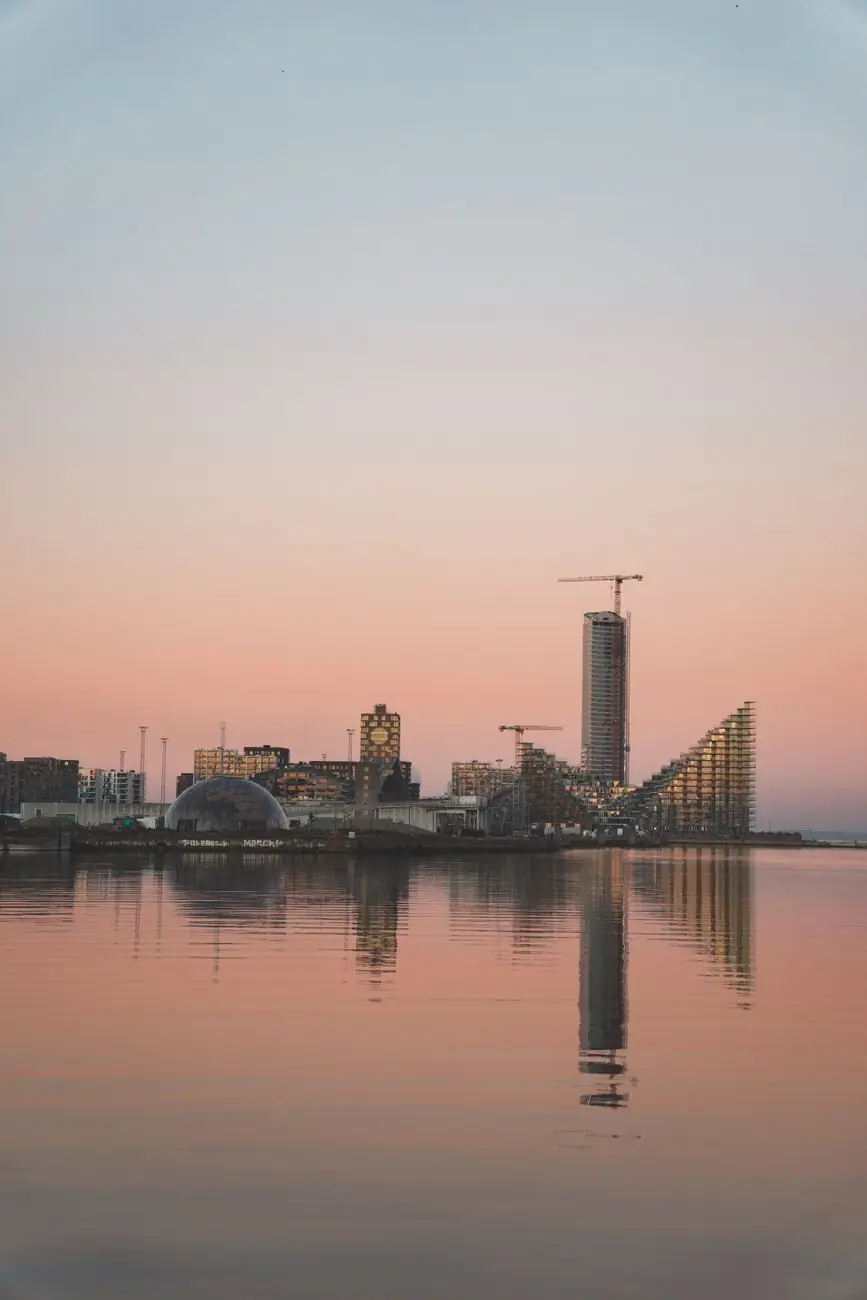 Aarhus Ø skyline reflected in the harbour