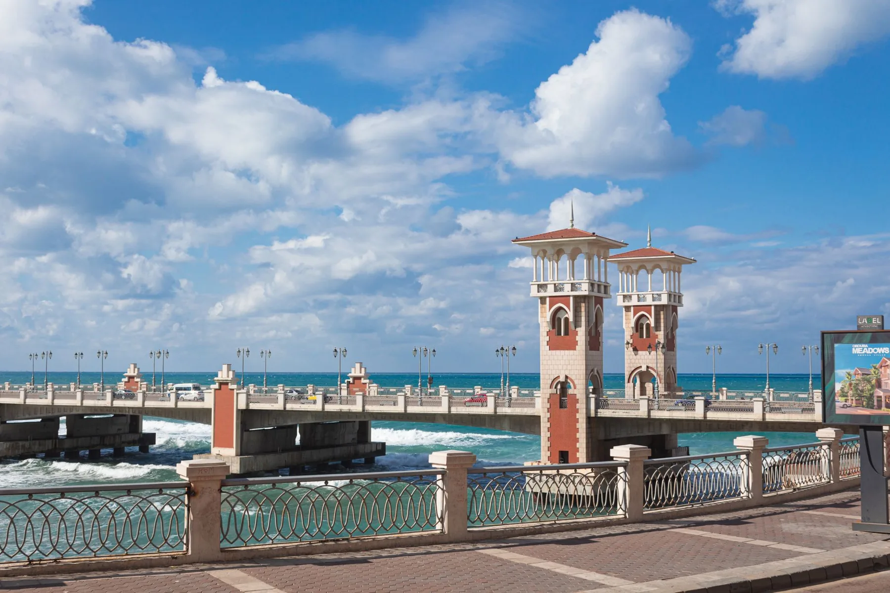 Scenic view of Stanley Bridge overlooking the Mediterranean Sea, a famous landmark in Alexandria, Egypt.