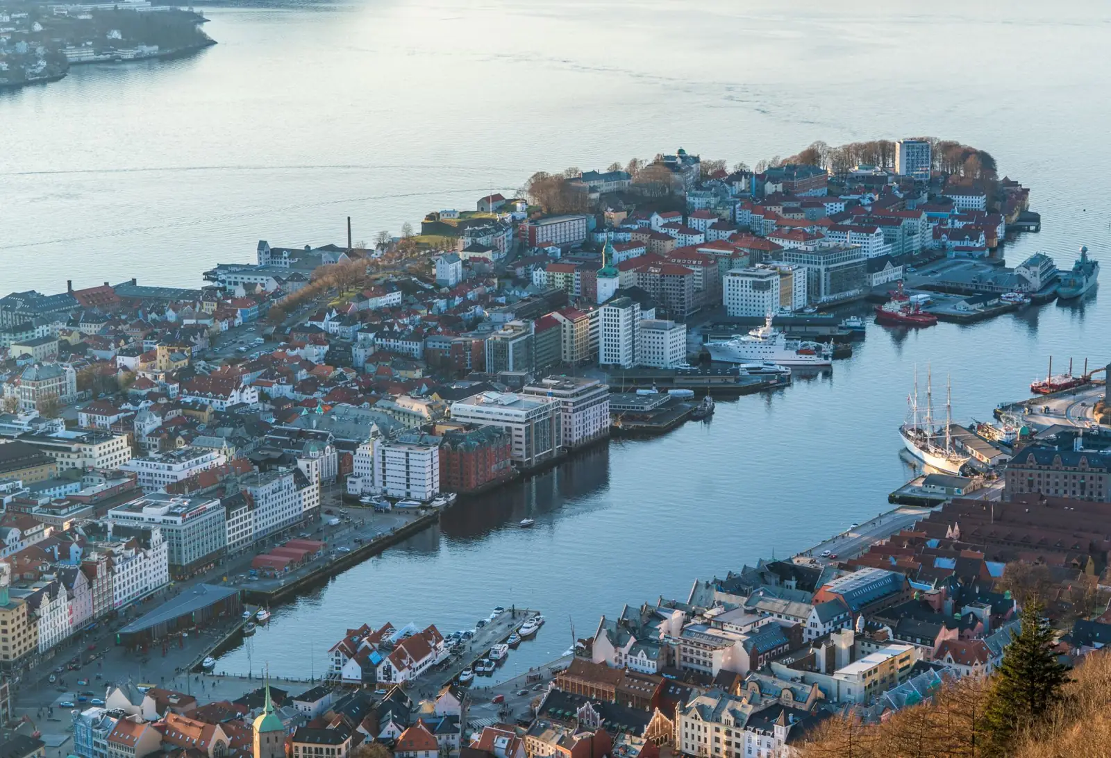 Bergen’s harbour and Nordnes peninsula seen from the hillside