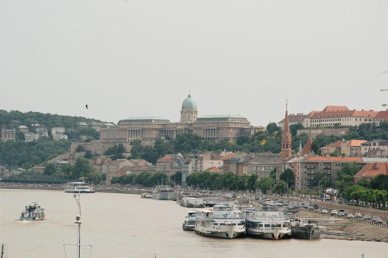 Buda Castle’s domed palace above the Danube, with Matthias Church’s tower to the right