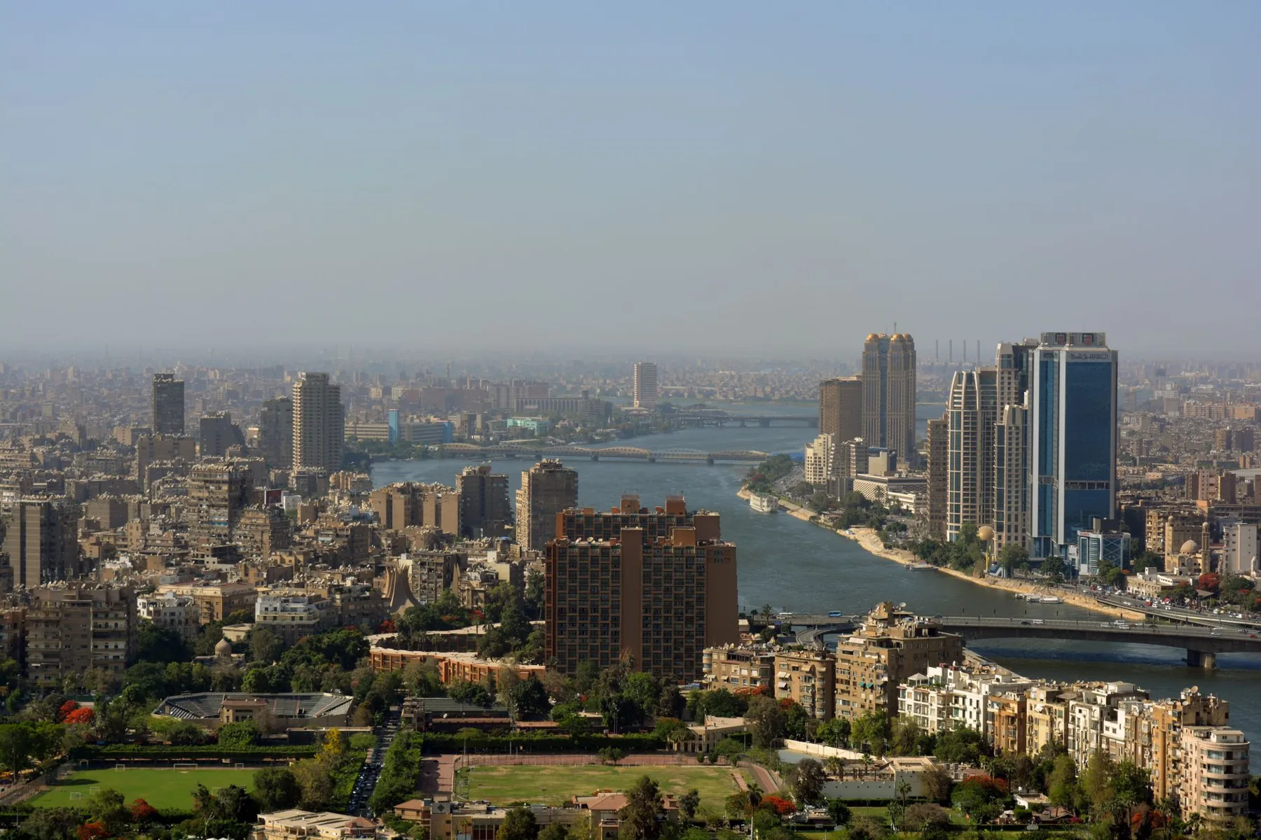 The Nile, bridges and central Cairo seen from above Gezira
