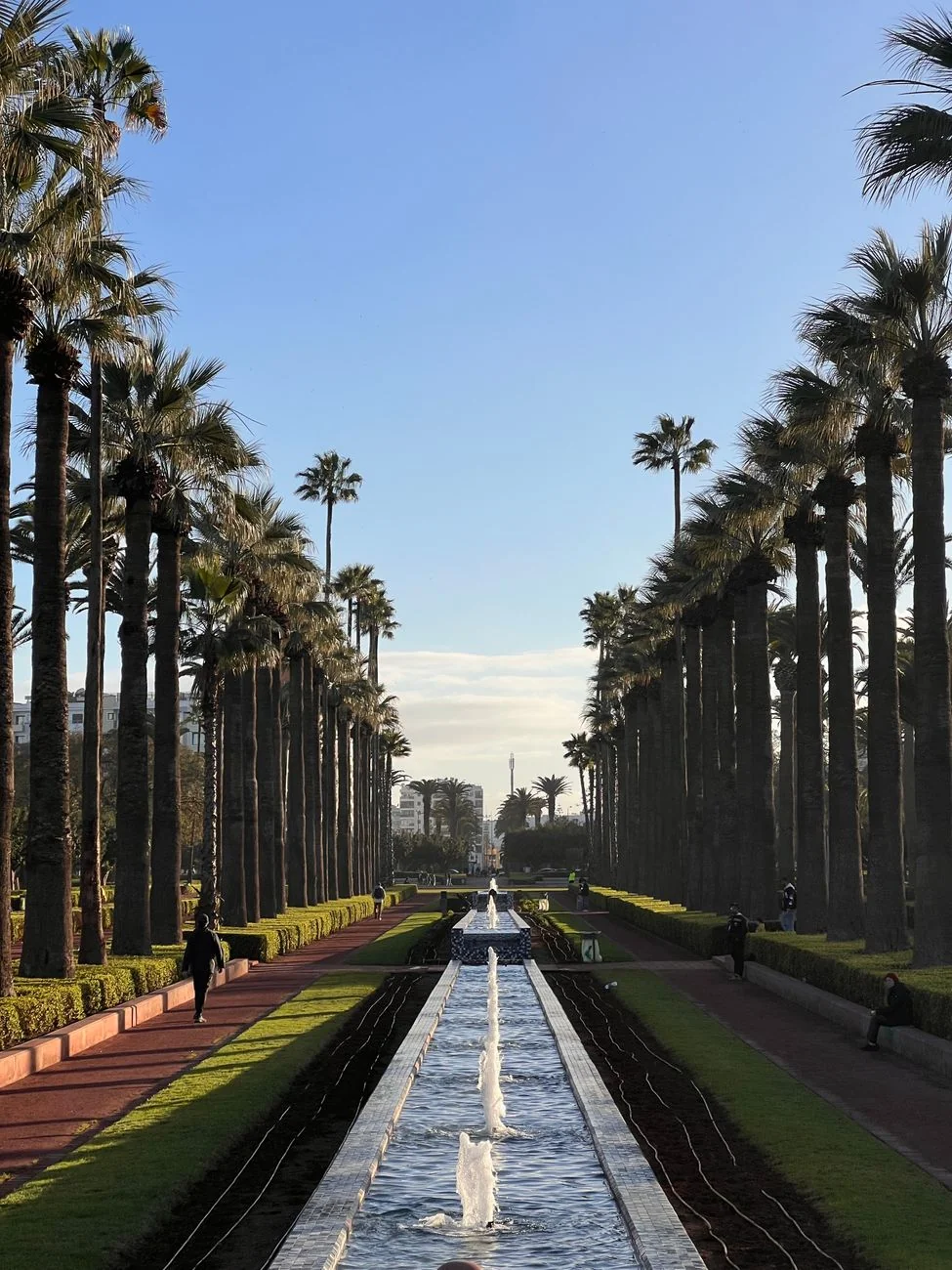 Palm-lined paths and a long central water channel in Casablanca’s Arab League Park
