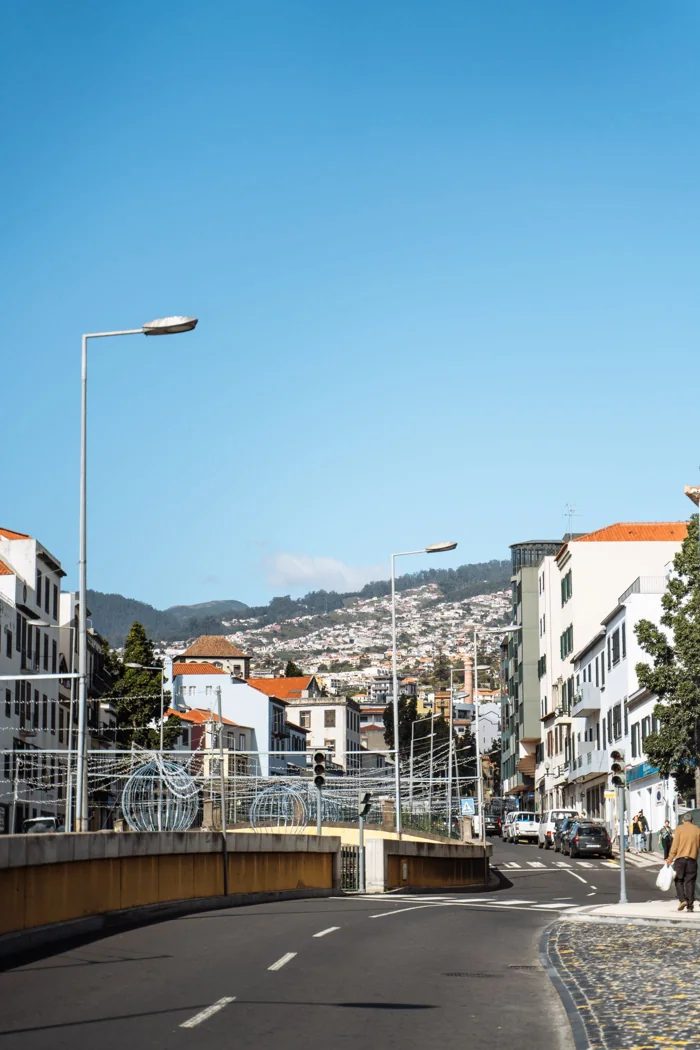 Colourful street and hillside buildings in Funchal