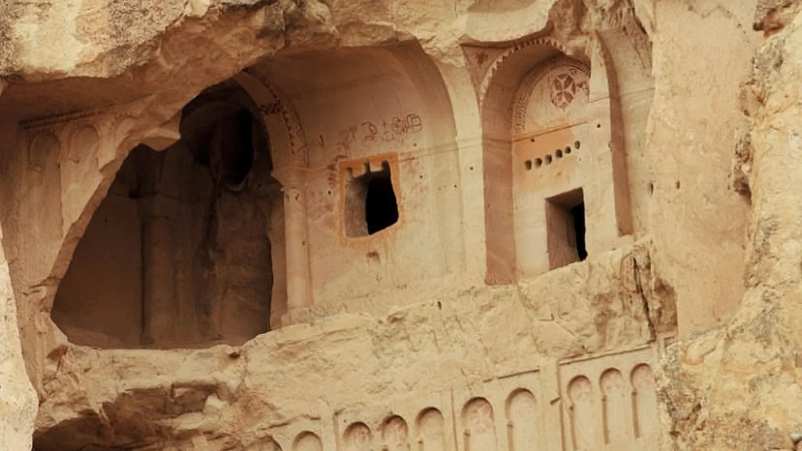 Carved arches, openings and decorative niches in the Dark Church monastery complex at Göreme Open-Air Museum.