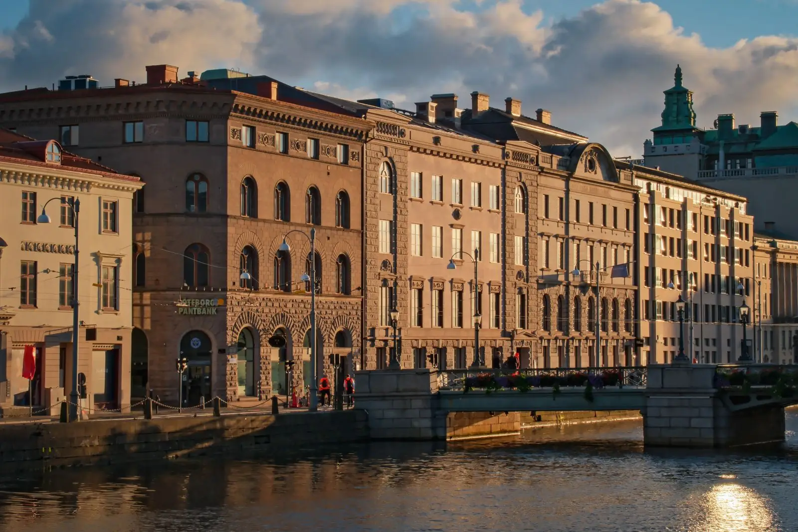 Historic Gothenburg buildings beside a canal bridge