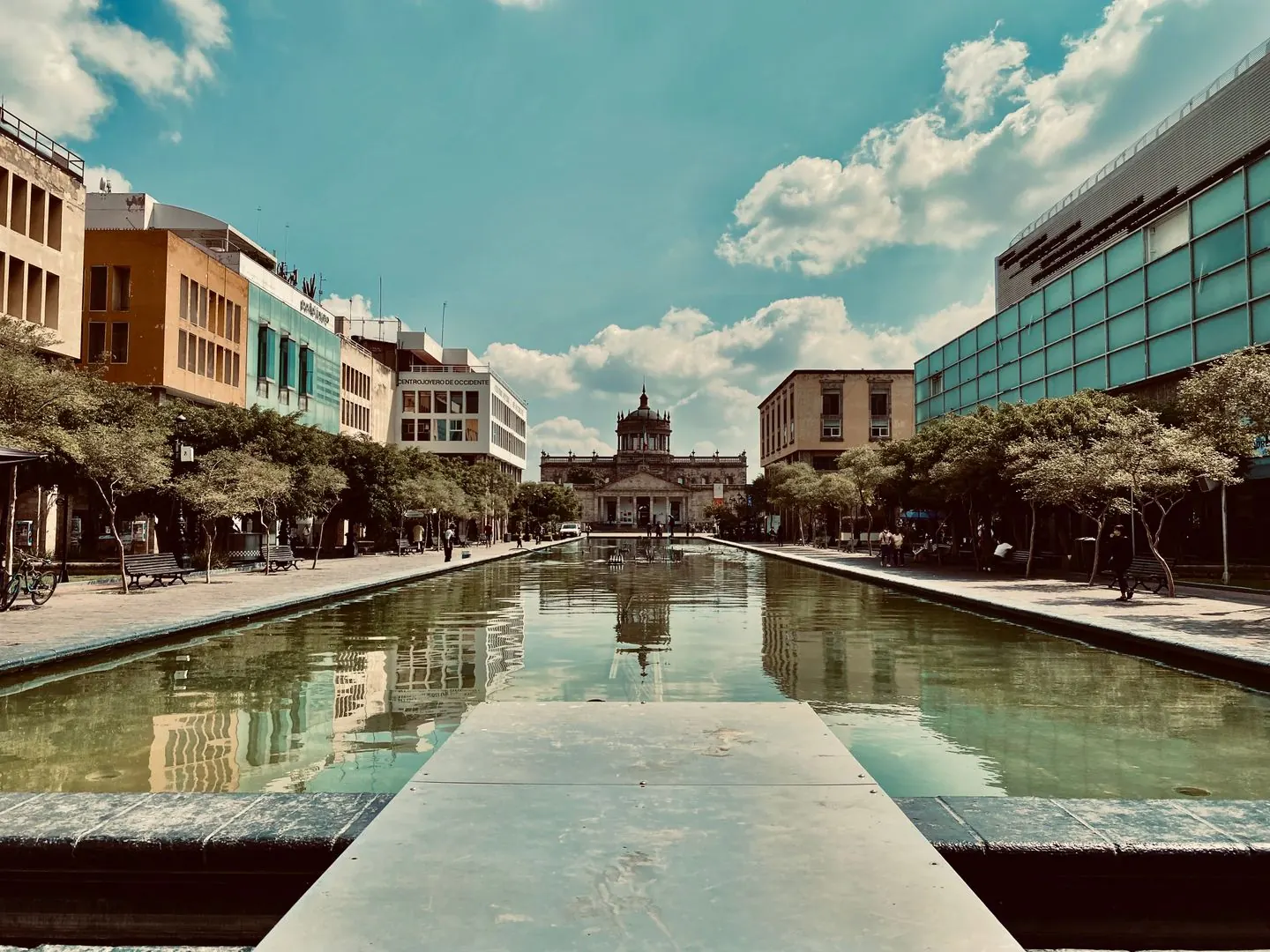 Museo Cabañas at the end of Plaza Tapatía with its facade reflected in a pool