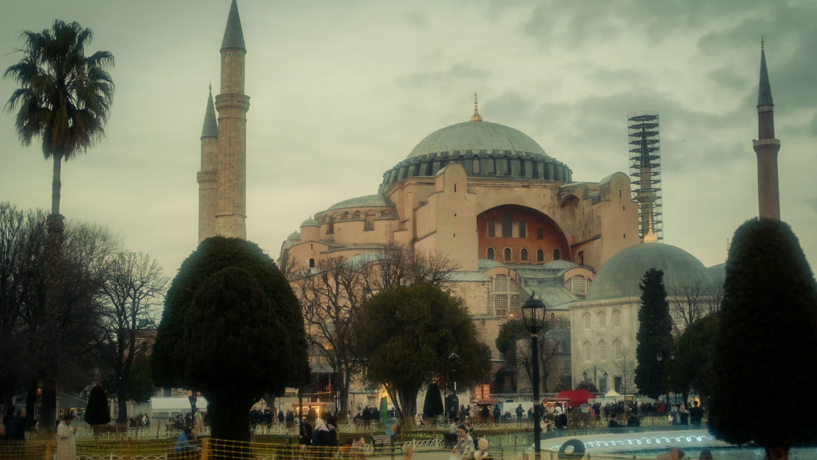 Hagia Sophia’s dome, buttresses and minarets behind the planted Sultanahmet foreground.