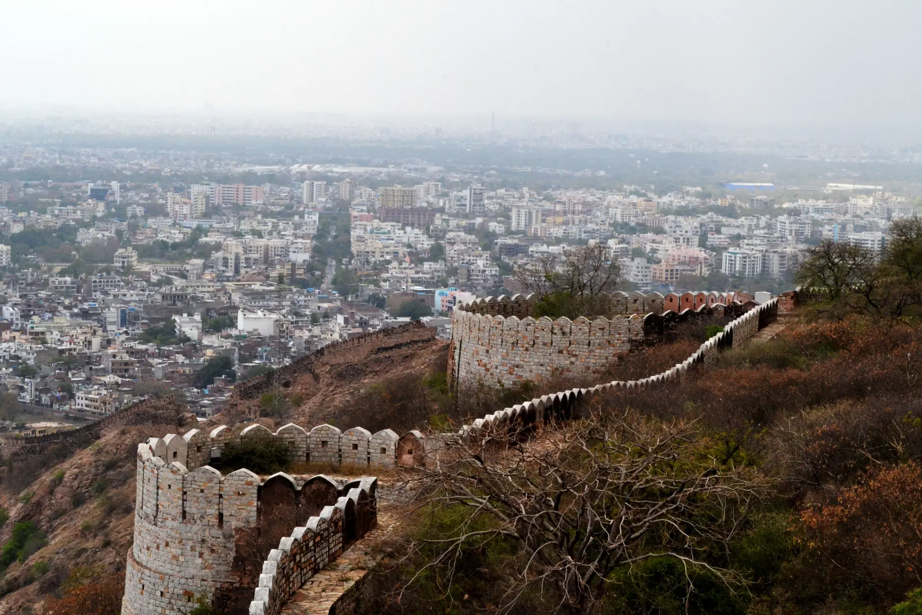 Jaipur’s cityscape and a historic fort wall seen from a hilltop viewpoint