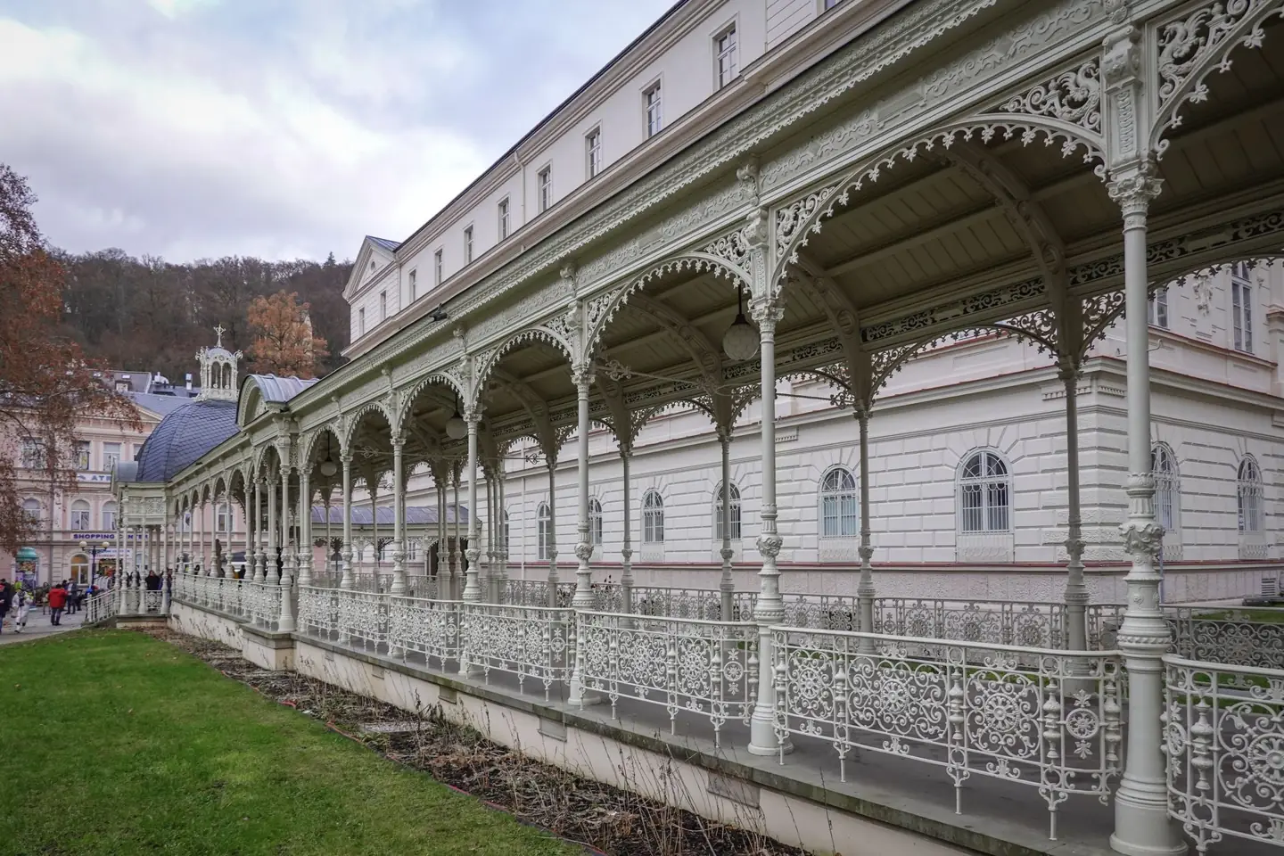 The decorative metal arches of Park Colonnade beside Karlovy Vary’s spa buildings