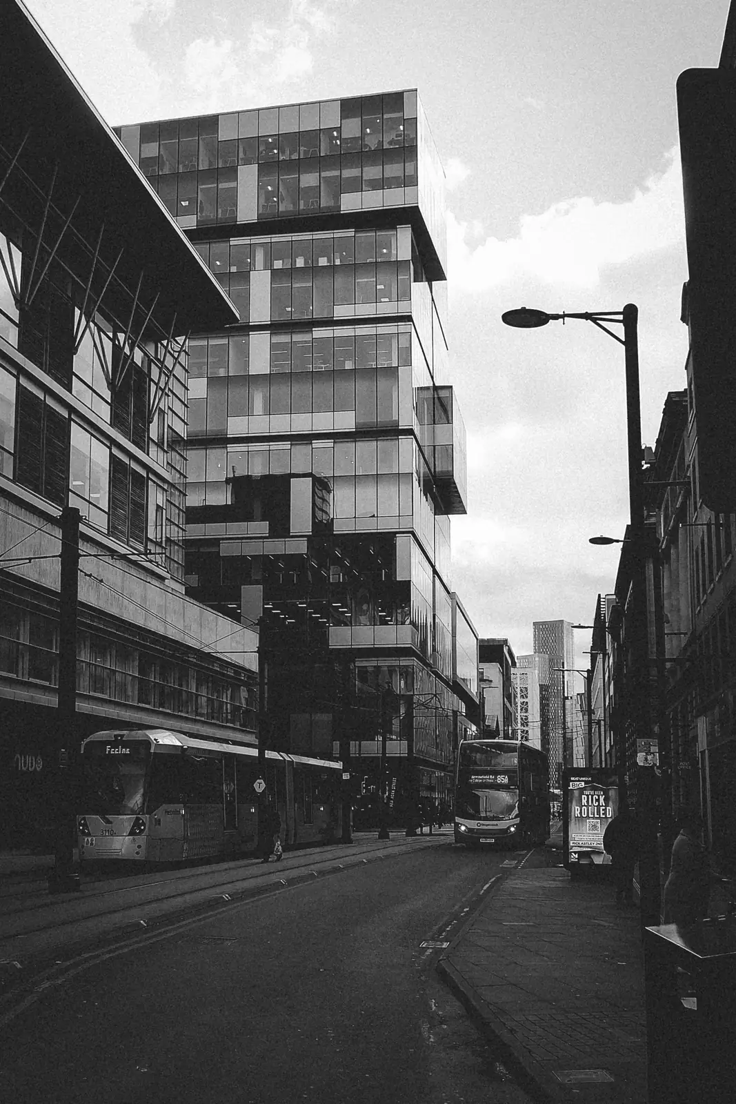 A tram on a Manchester city-centre street