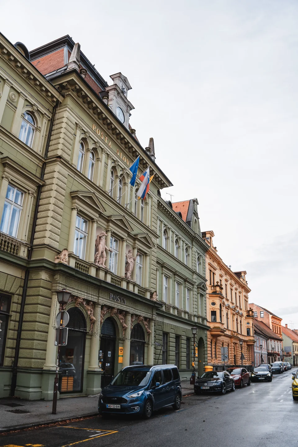 The sculpted Post Office palace facade on Slomškov trg in Maribor