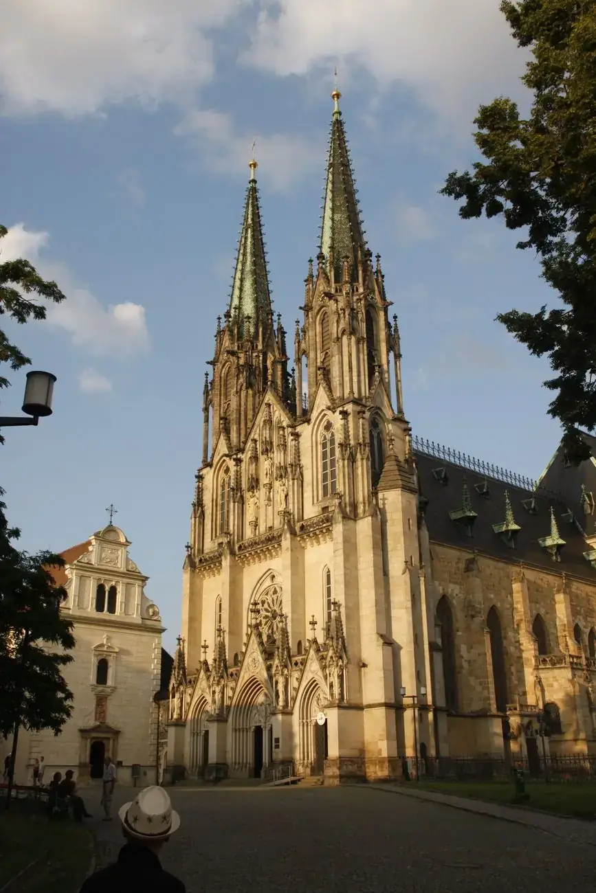 The twin front towers and Gothic façade of St Wenceslas Cathedral in Olomouc