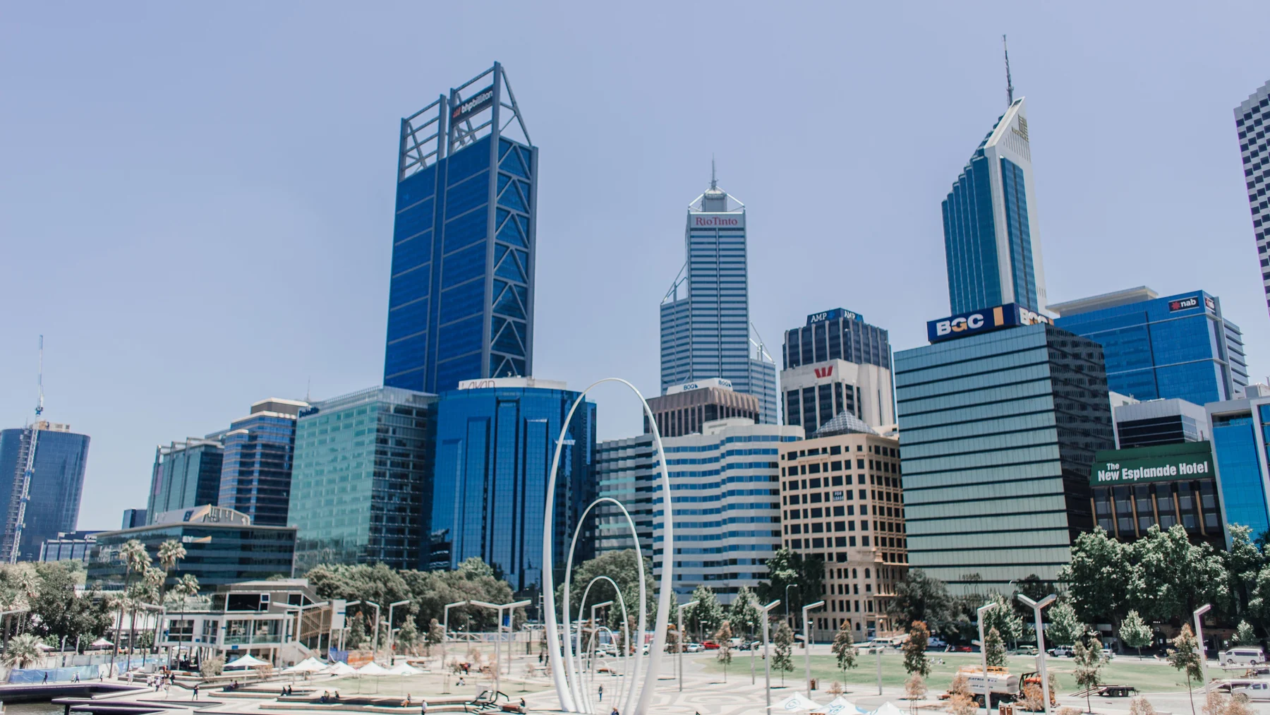 Spanda sculpture and Perth’s central towers at Elizabeth Quay
