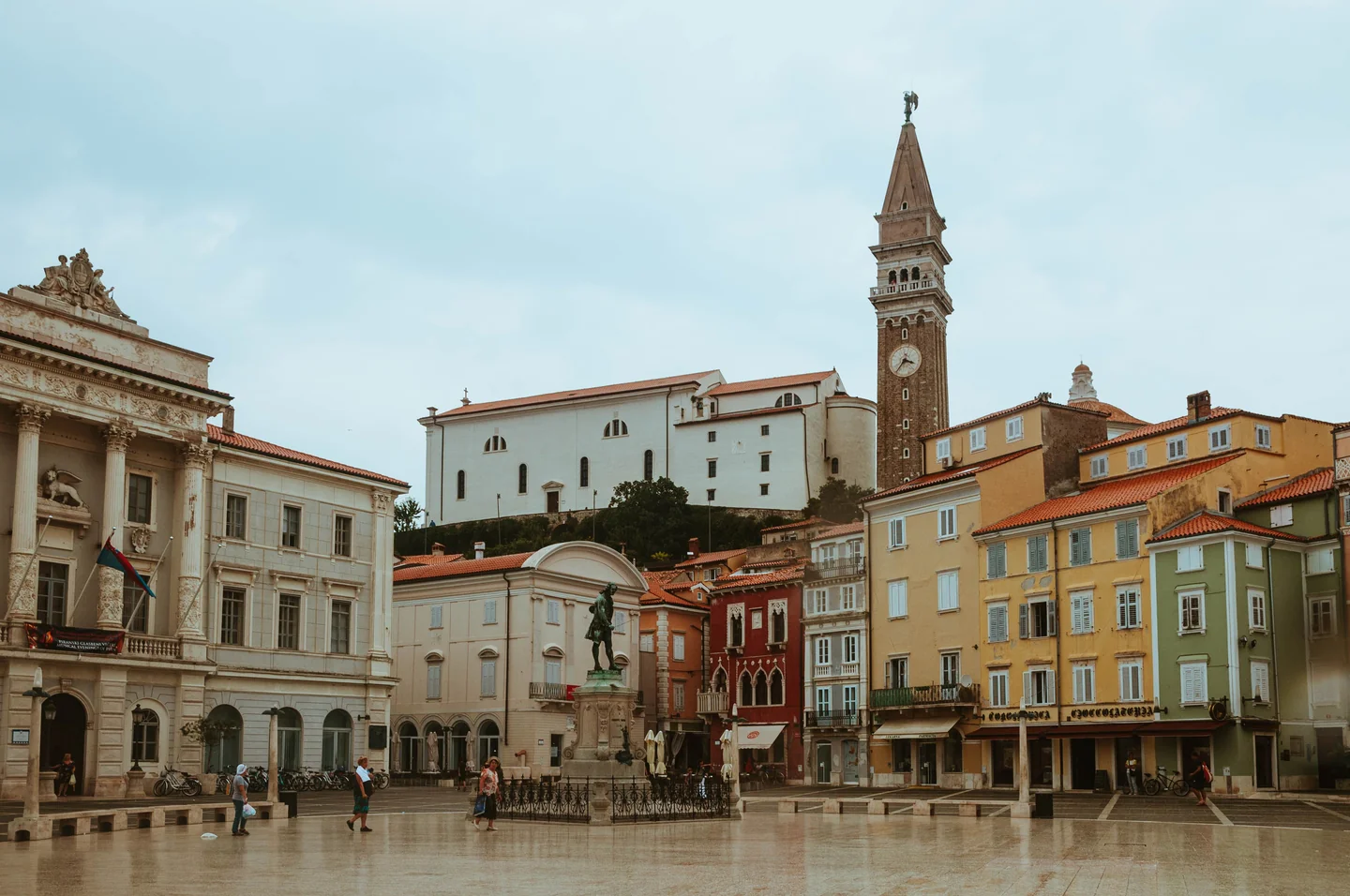 Tartini Square with Piran’s town hall, colourful facades and St George’s bell tower above