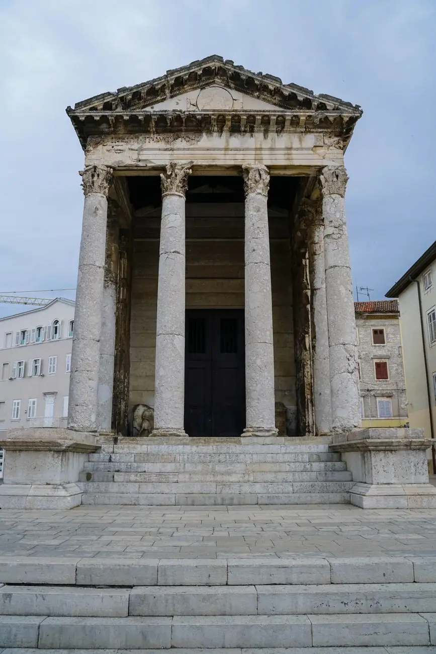 The columned front of the Temple of Augustus in Pula