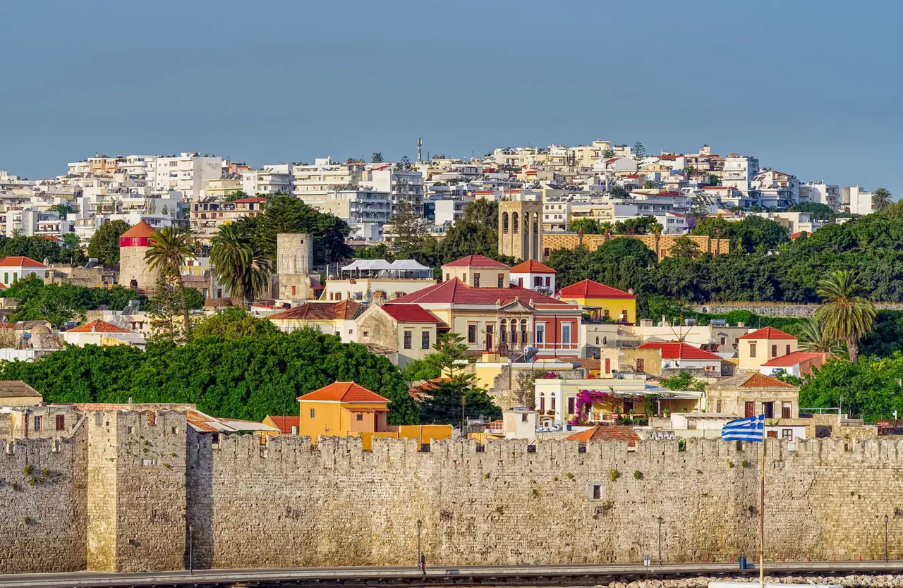 Medieval walls and palace towers above Rhodes Old Town