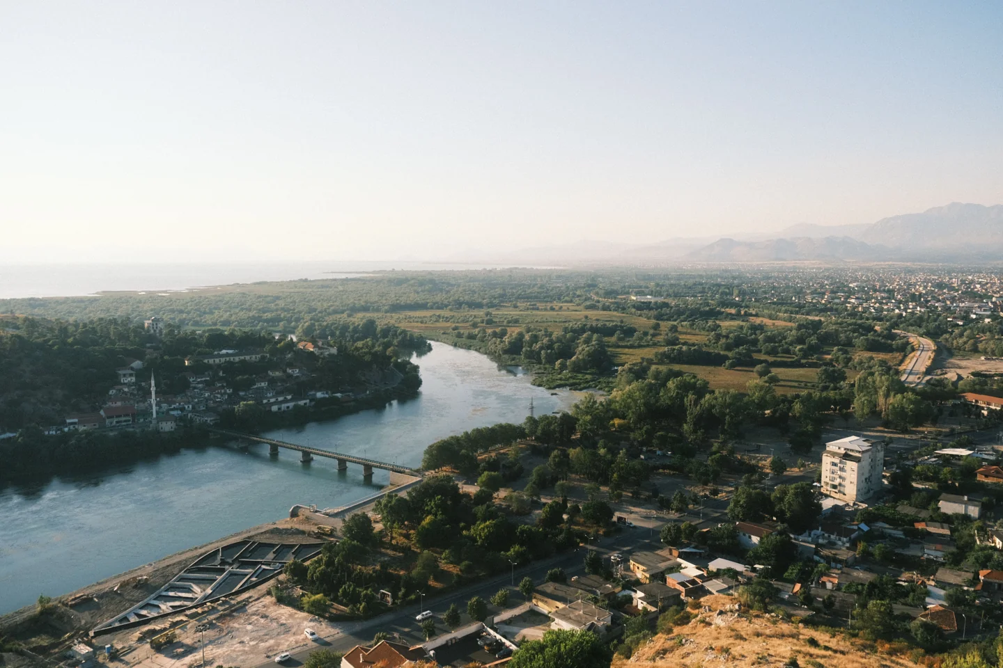 River, bridge and green landscape below Rozafa Castle in Shkodër