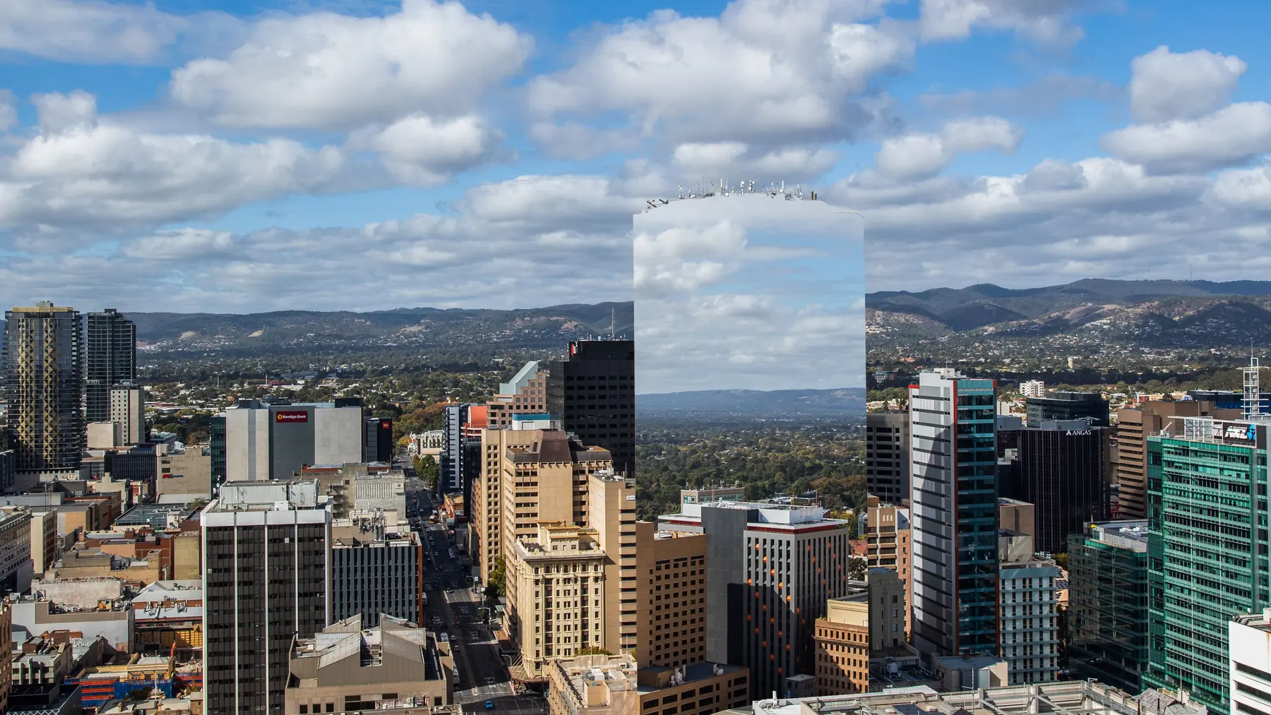 Adelaide city centre and King William Street beneath the hills