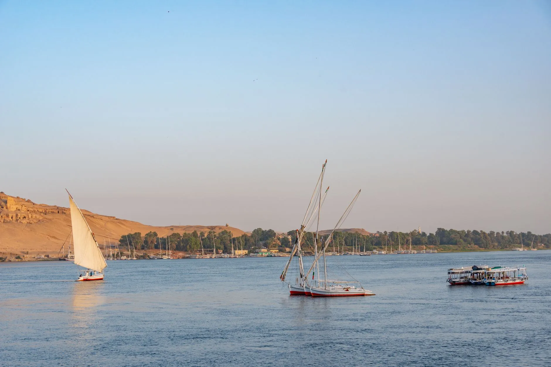 Feluccas on the Nile at Aswan, with the sandy west bank and palm-lined islands beyond