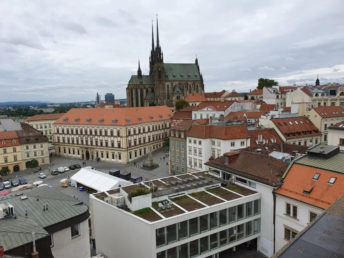 Brno’s Cathedral of St Peter and Paul above Petrov and the historic rooftops beside Zelný trh