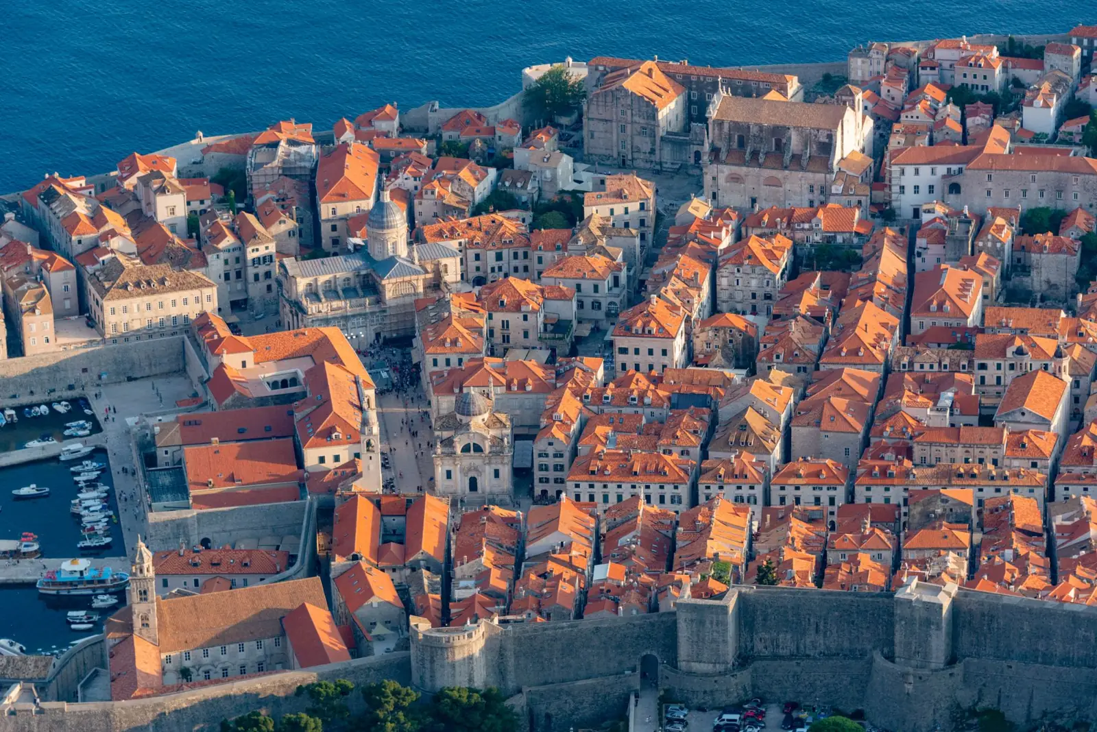 Aerial view of Dubrovnik’s walled Old Town and Adriatic coastline
