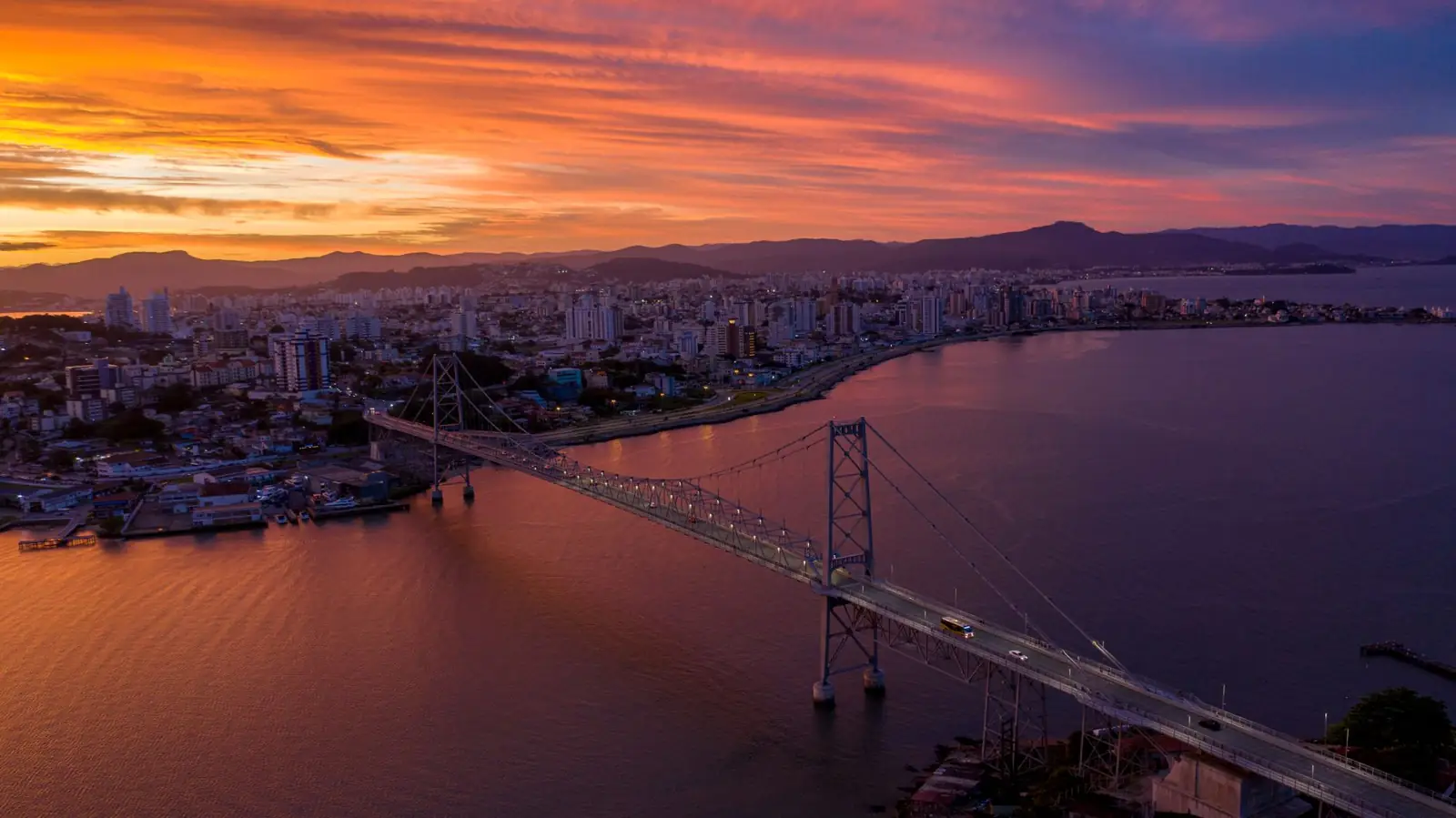 Hercílio Luz suspension bridge and the Florianópolis waterfront at sunset