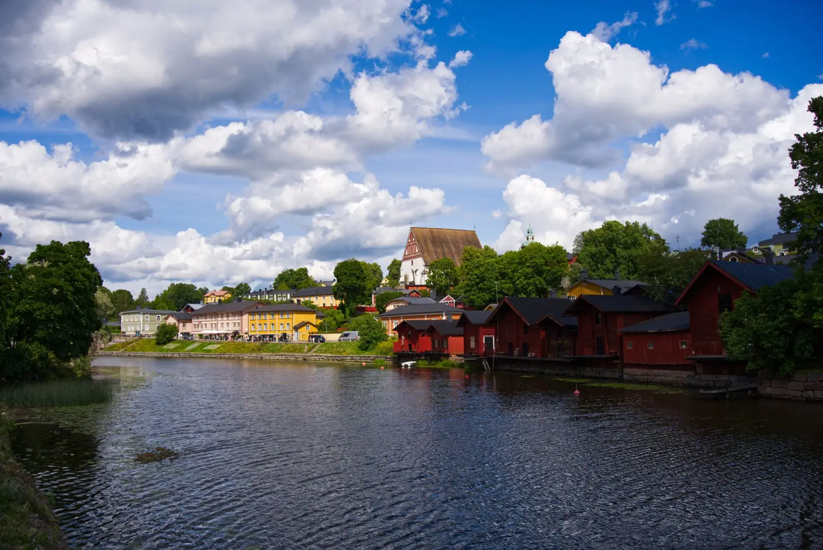 Porvoo’s red riverside warehouses and cathedral across the river