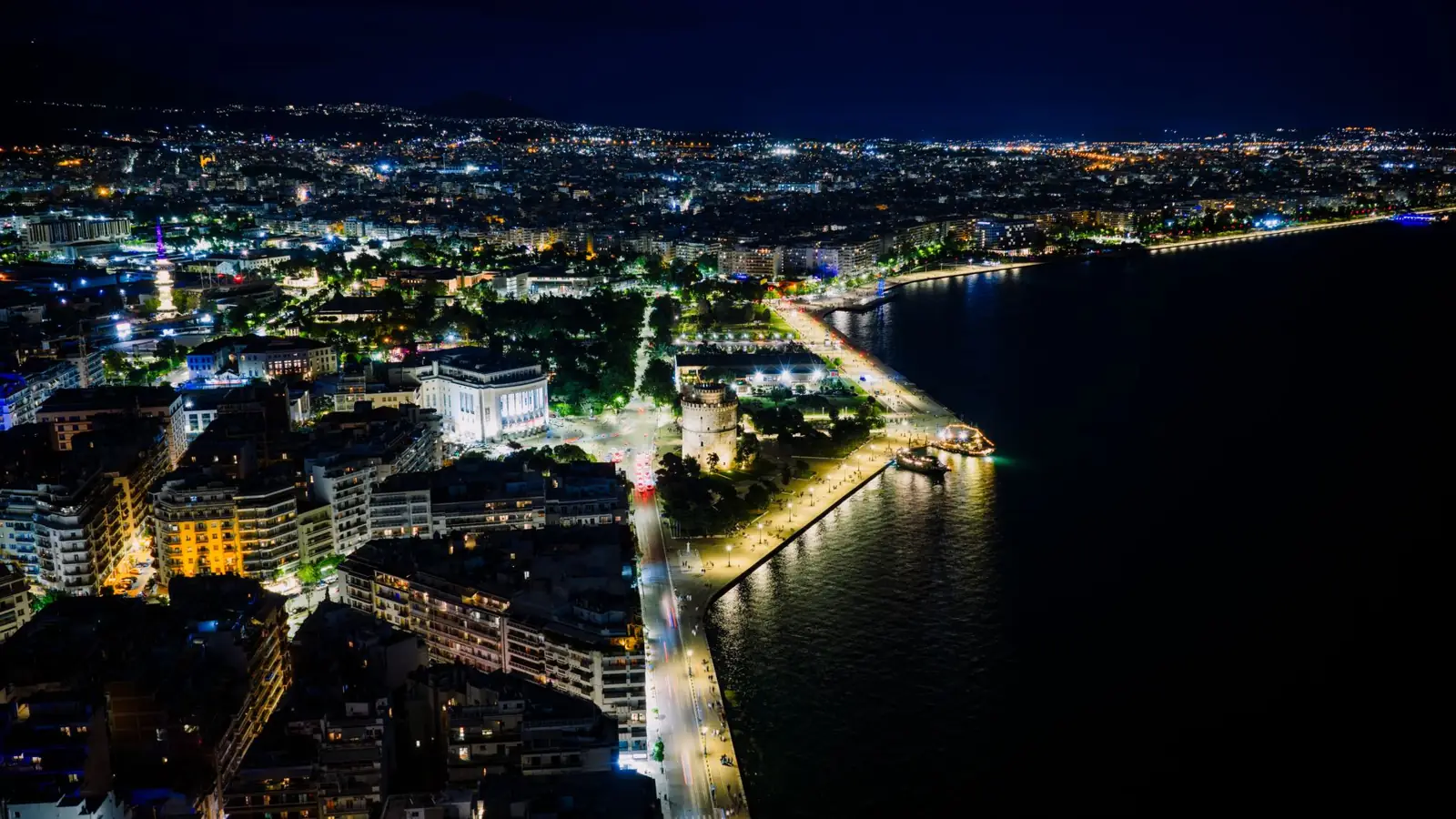 Thessaloniki’s waterfront and White Tower illuminated at night