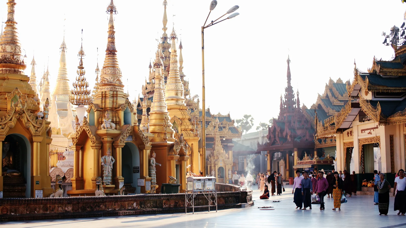 Golden shrines and spires on the Shwedagon Pagoda platform in Yangon.