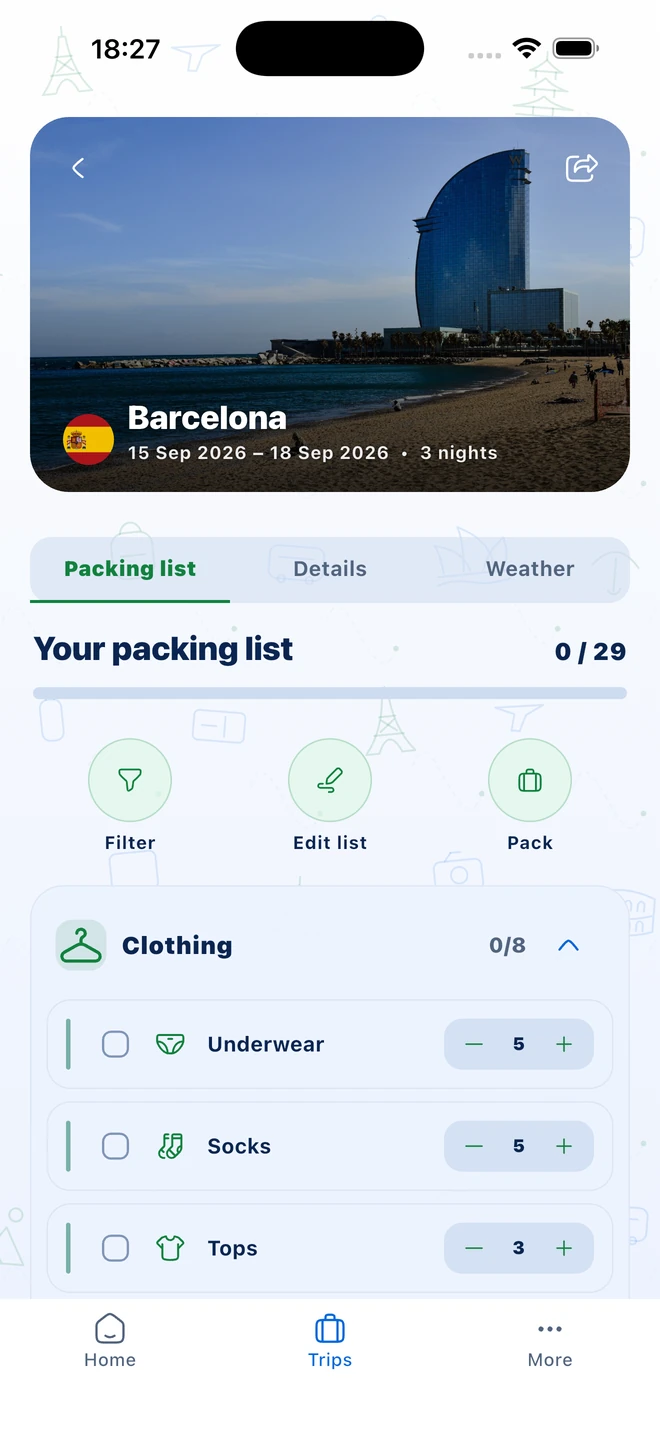 A personalized packing list in the Packtricia app